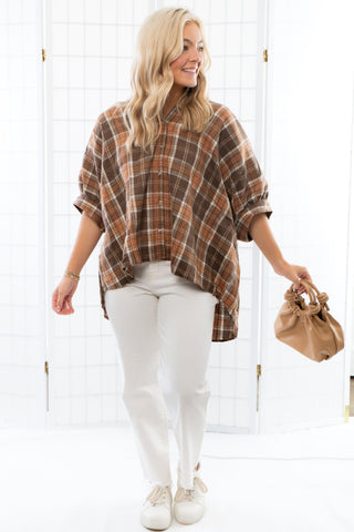 Ader Brown Plaid Oversized Shirt-Tops-day + moon-L. Mae Boutique & Wild Mabel Clothing