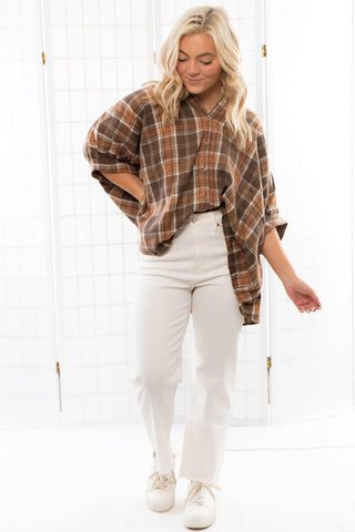 Ader Brown Plaid Oversized Shirt-Tops-day + moon-L. Mae Boutique & Wild Mabel Clothing