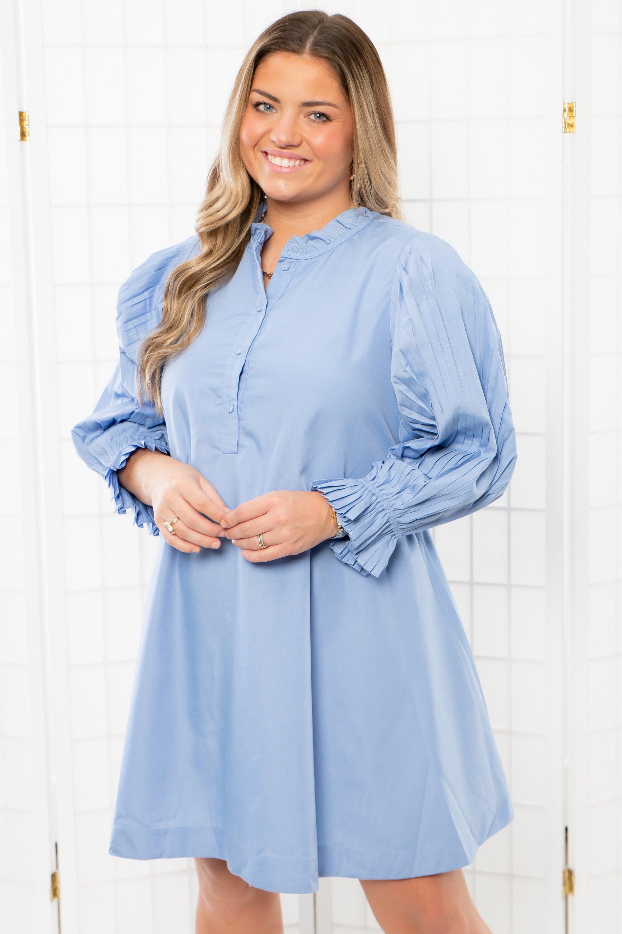 All About Pleats Blue Mini Dress-Dresses-Heyson-L. Mae Boutique & Wild Mabel Clothing