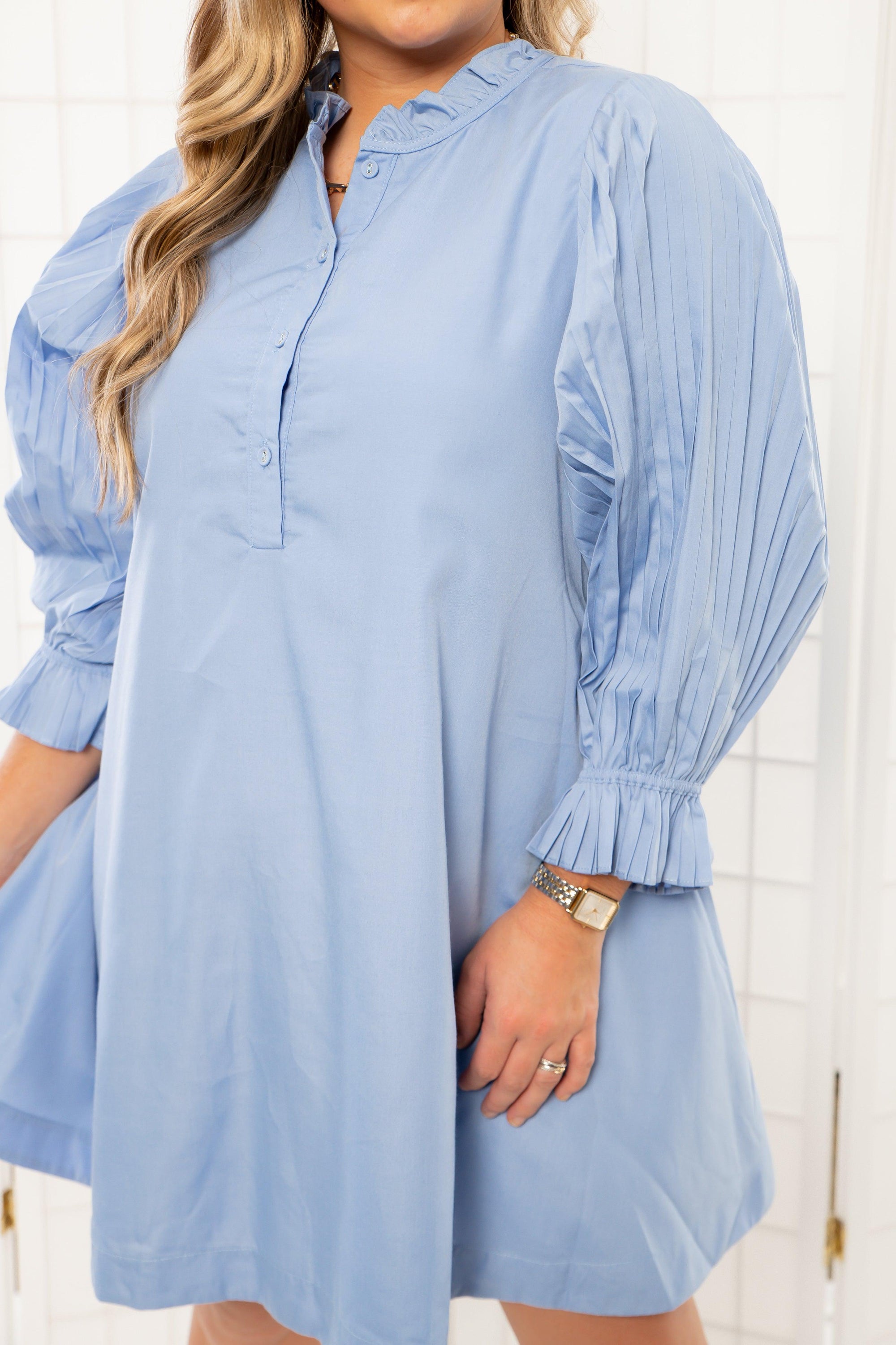 All About Pleats Blue Mini Dress-Dresses-Heyson-L. Mae Boutique &amp; Wild Mabel Clothing