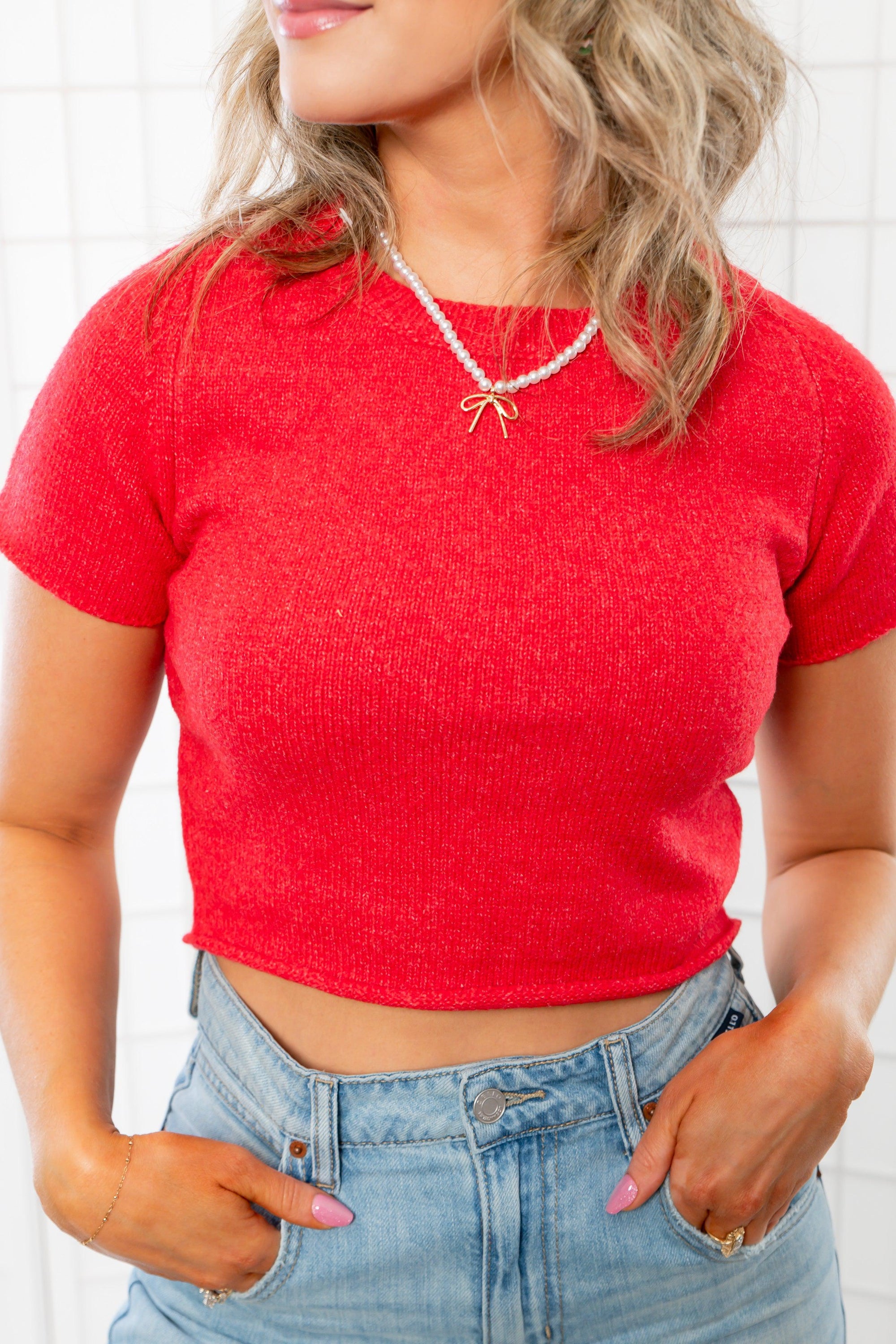 All About Red Short Sleeve Ribbed Crop Sweater-Tops-Le Lis-L. Mae Boutique & Wild Mabel Clothing