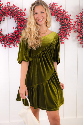 All Spruced Up Velvet Green Asymmetrical Mini Dress-Ciebon-L. Mae Boutique