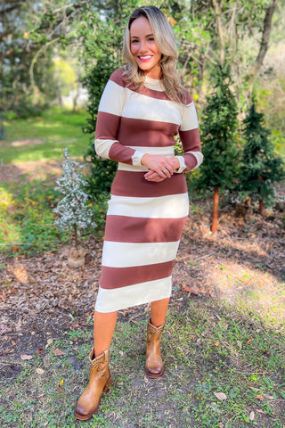 Allie Brown Striped Midi Sweater Dress-Dresses-In The Beginning-L. Mae Boutique & Wild Mabel Clothing