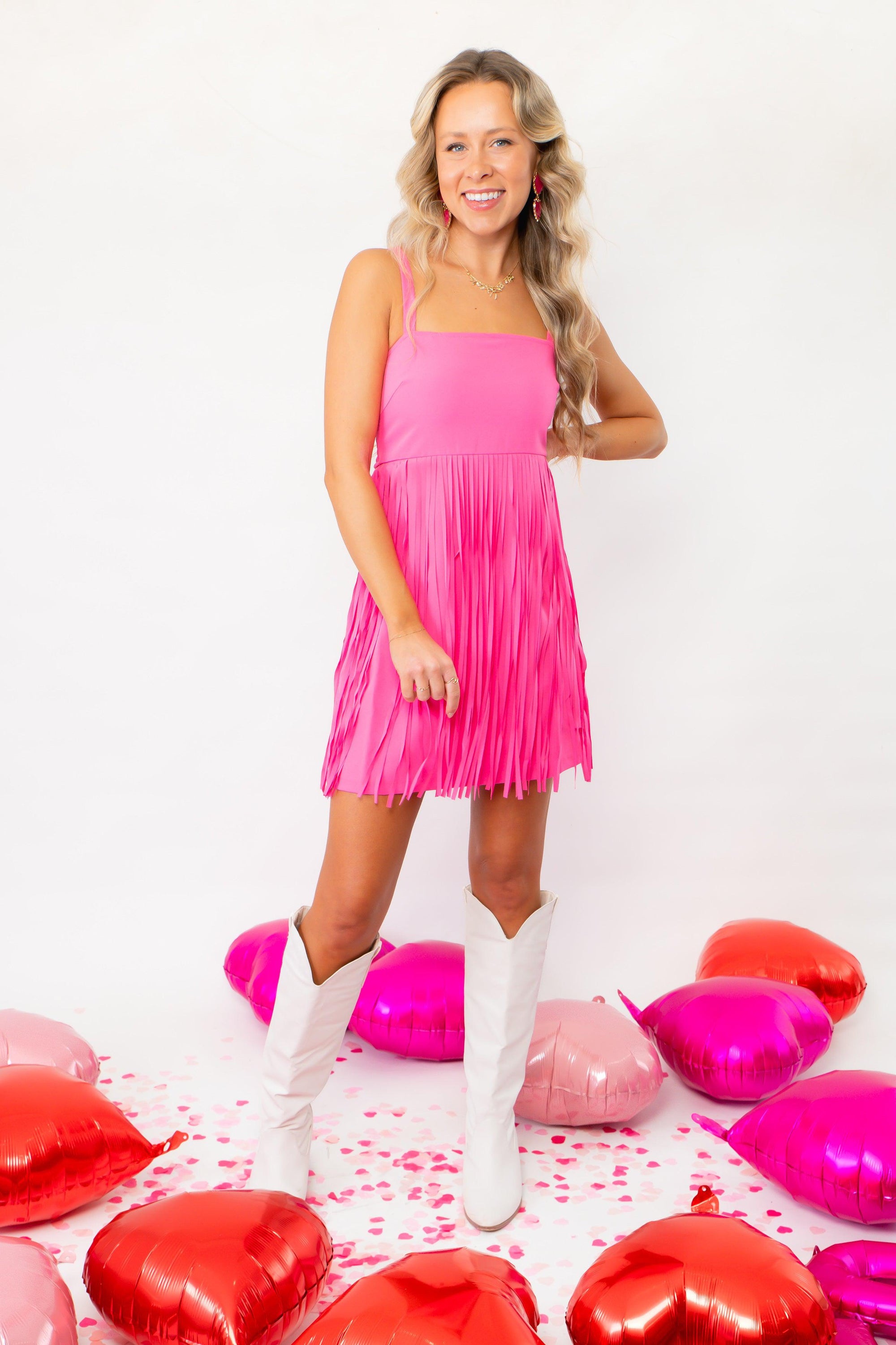 Always Having Fun Rima Pink Fringe Dress-Dresses-Blue B-L. Mae Boutique & Wild Mabel Clothing