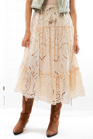 Anna Taupe Eyelet Midi Skirt-Bottoms-BlueVelvet-L. Mae Boutique & Wild Mabel Clothing