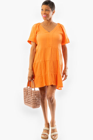 Apricot Orange Gauze V Neck Mini Dress-Very J-L. Mae Boutique