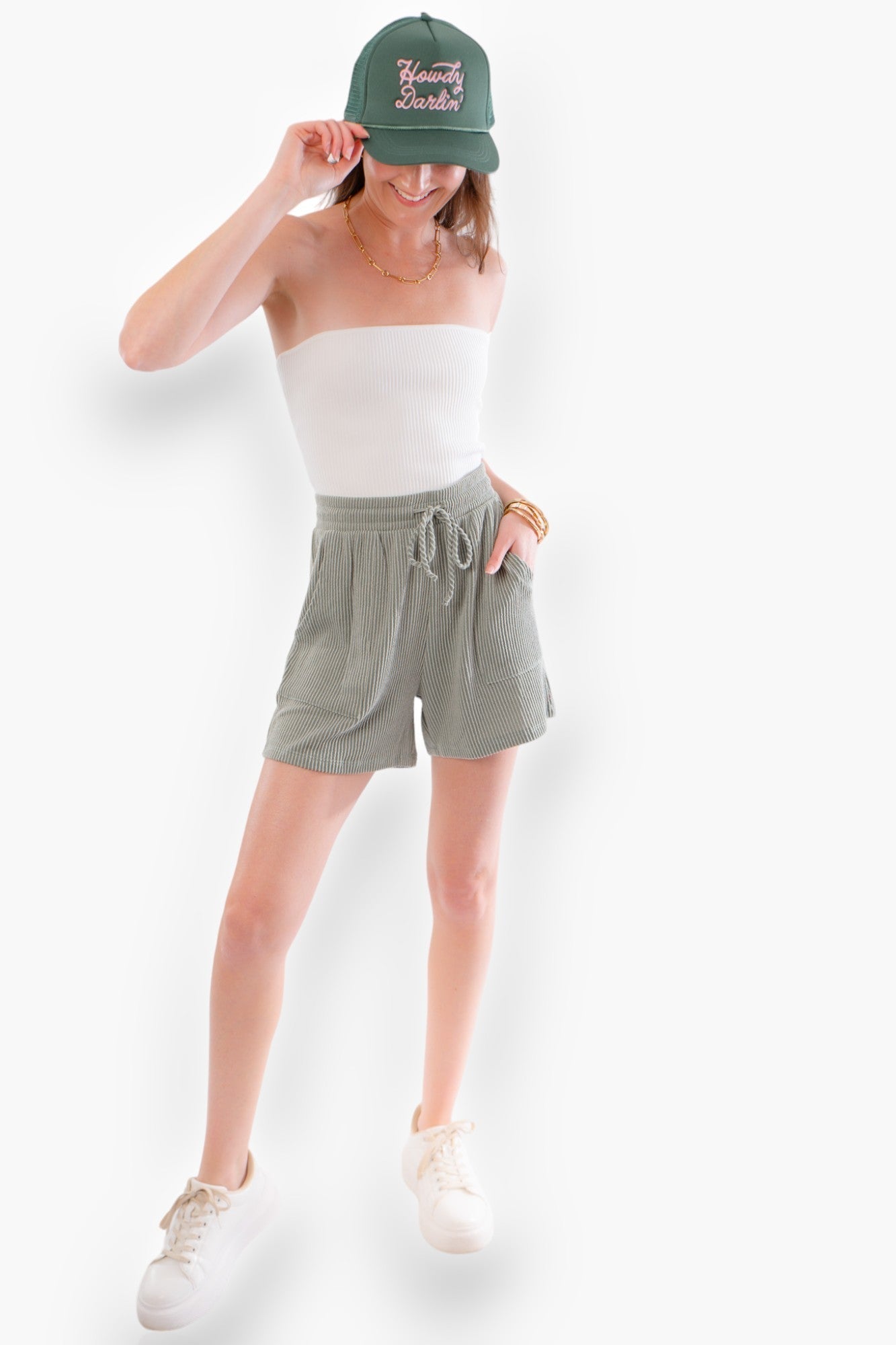 Army Green Ribbed Tie Waist Shorts-Bottoms-Tres Bien-L. Mae Boutique &amp; Wild Mabel Clothing