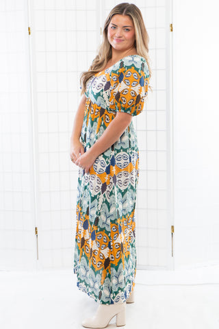 Aya Green & Gold Abstract Printed Midi Dress-Dresses-BaeVely-L. Mae Boutique & Wild Mabel Clothing