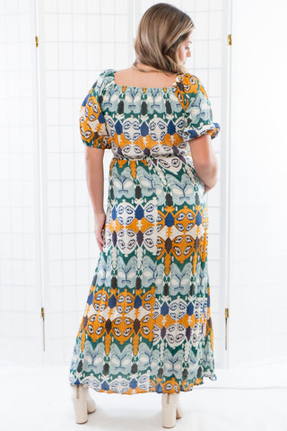 Aya Green & Gold Abstract Printed Midi Dress-Dresses-BaeVely-L. Mae Boutique & Wild Mabel Clothing