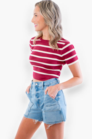 Basic Burgundy and Cream Striped Knit Crop Top-Tops-Le Lis-L. Mae Boutique & Wild Mabel Clothing