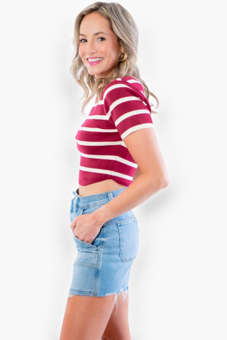 Basic Burgundy and Cream Striped Knit Crop Top-Tops-Le Lis-L. Mae Boutique & Wild Mabel Clothing