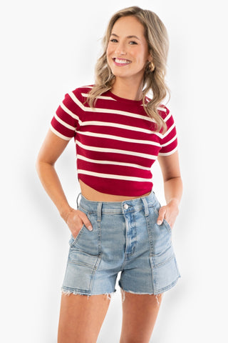 Basic Burgundy and Cream Striped Knit Crop Top-Tops-Le Lis-L. Mae Boutique & Wild Mabel Clothing