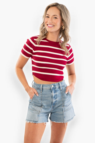 Basic Burgundy and Cream Striped Knit Crop Top-Le Lis-L. Mae Boutique