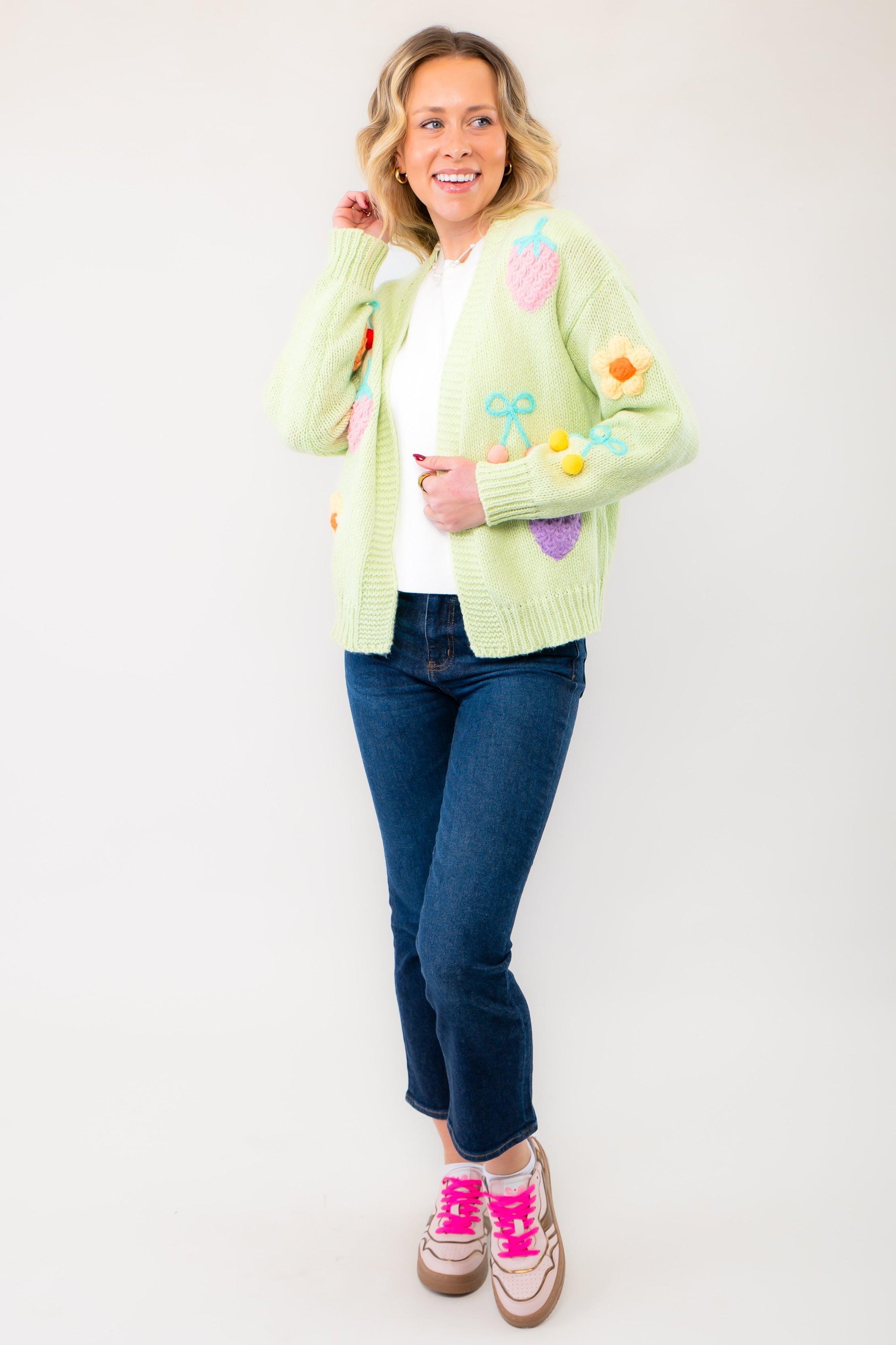 Basket of Fruit Green Knit Open Front Cardigan-Tops-Le Lis-L. Mae Boutique &amp; Wild Mabel Clothing