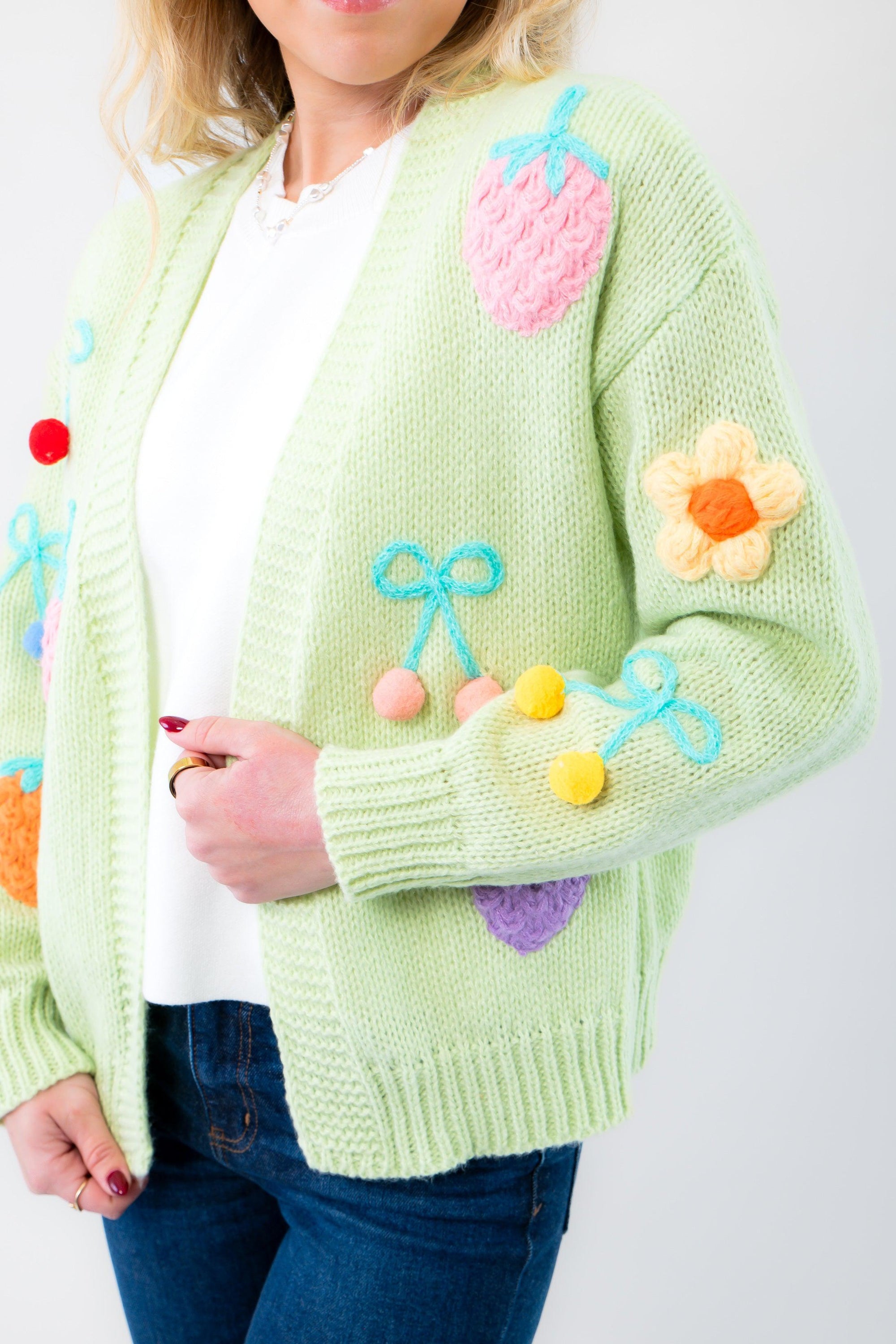 Basket of Fruit Green Knit Open Front Cardigan-Tops-Le Lis-L. Mae Boutique & Wild Mabel Clothing