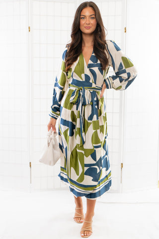 Baylor Green & Blue Long Sleeve Midi Dress-Dresses-Dress Forum-L. Mae Boutique & Wild Mabel Clothing