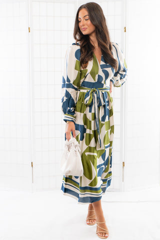 Baylor Green & Blue Long Sleeve Midi Dress-Dresses-Dress Forum-L. Mae Boutique & Wild Mabel Clothing