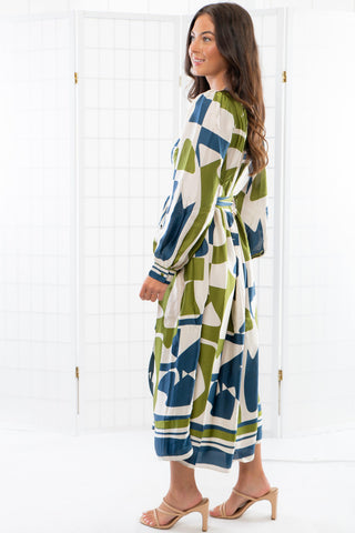 Baylor Green & Blue Long Sleeve Midi Dress-Dresses-Dress Forum-L. Mae Boutique & Wild Mabel Clothing