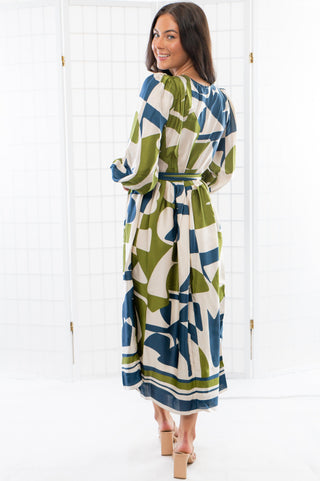 Baylor Green & Blue Long Sleeve Midi Dress-Dresses-Dress Forum-L. Mae Boutique & Wild Mabel Clothing