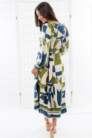 Baylor Green & Blue Long Sleeve Midi Dress-Dresses-Dress Forum-L. Mae Boutique & Wild Mabel Clothing