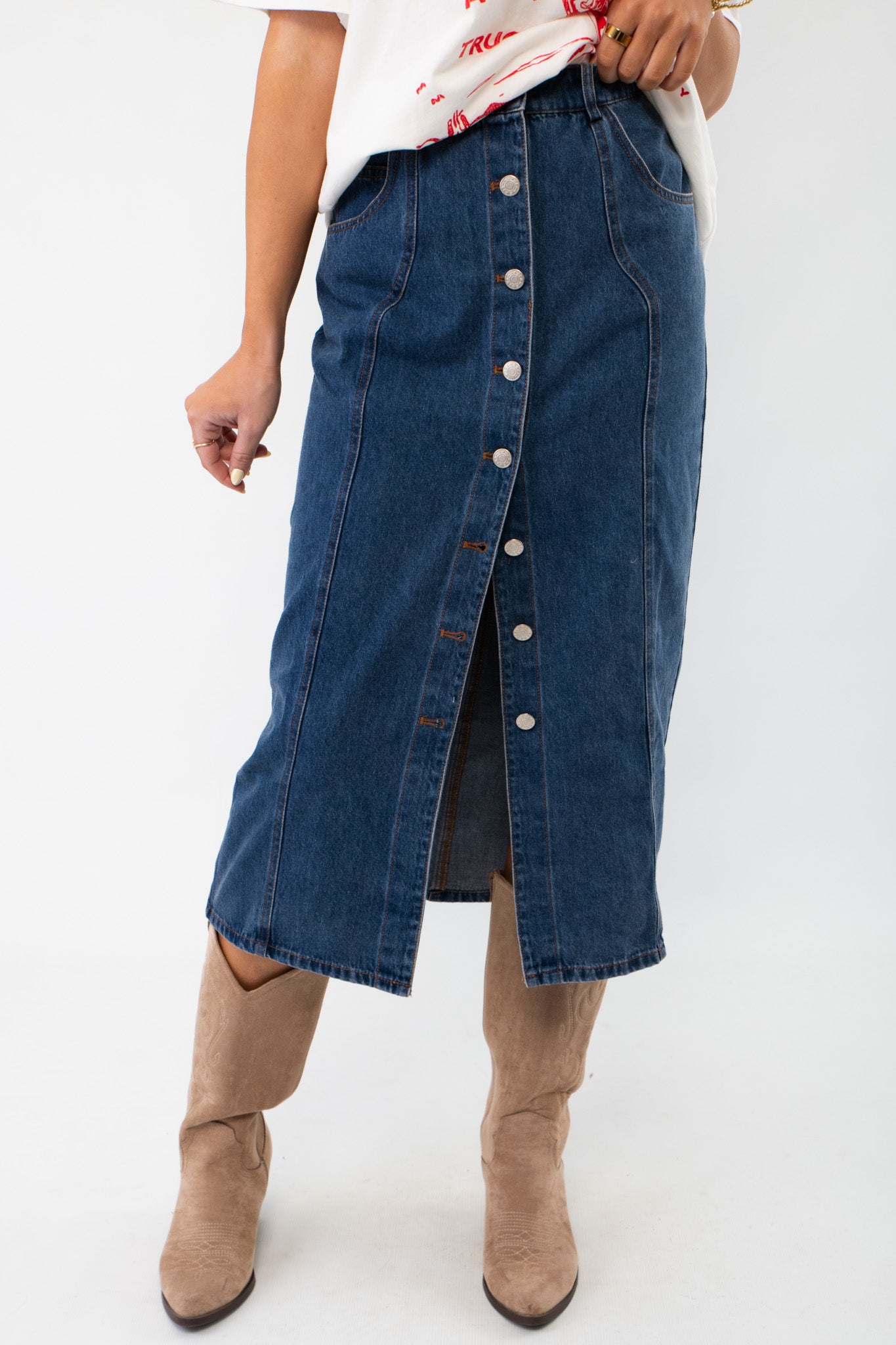 Bethany Dark Wash Button Down Denim Skirt-Bottoms-Heyson-L. Mae Boutique & Wild Mabel Clothing