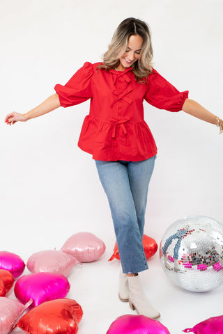 Better In Red Puff Sleeve Bow Front Blouse-Tops-ODDI-L. Mae Boutique & Wild Mabel Clothing