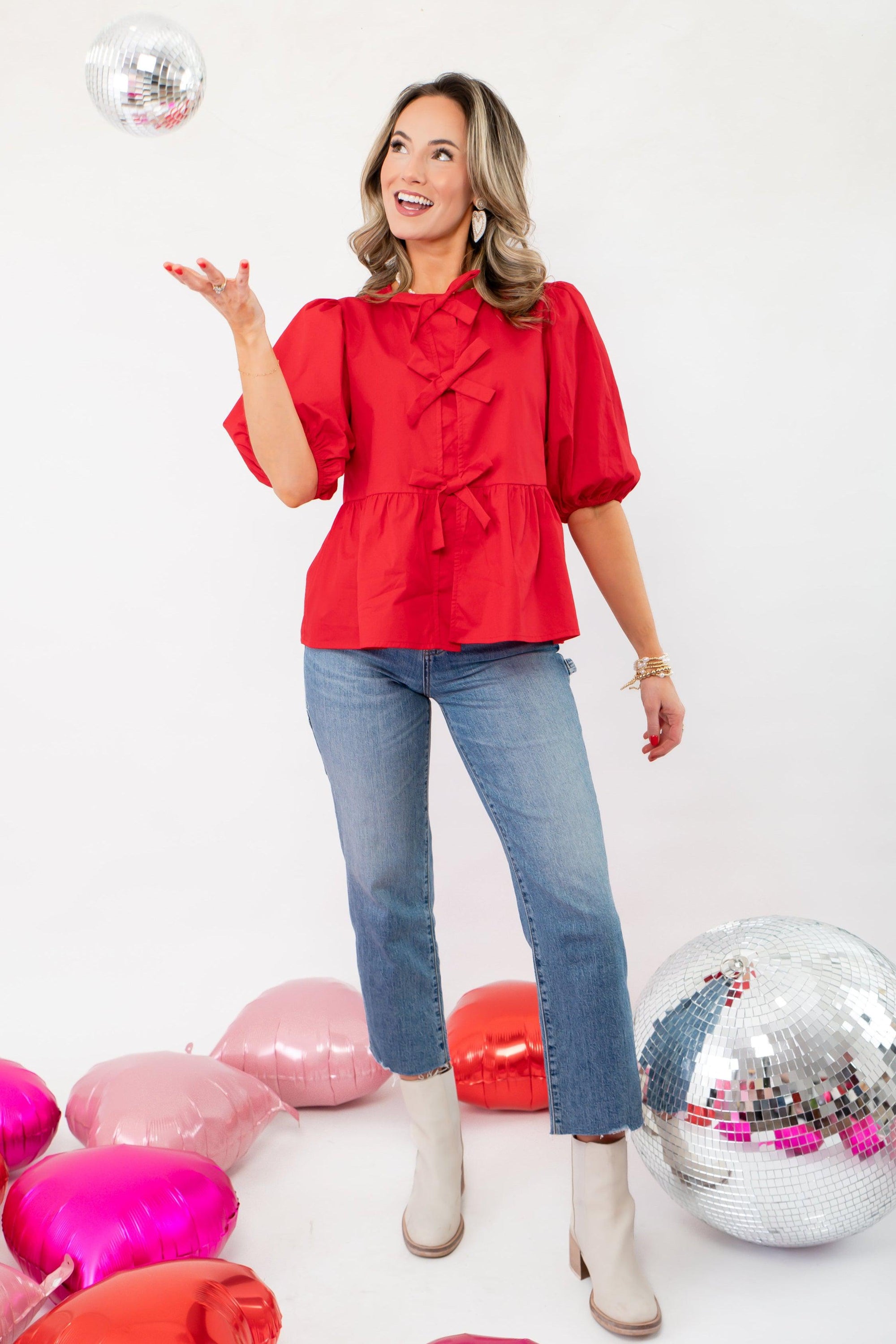 Better In Red Puff Sleeve Bow Front Blouse-Tops-ODDI-L. Mae Boutique & Wild Mabel Clothing