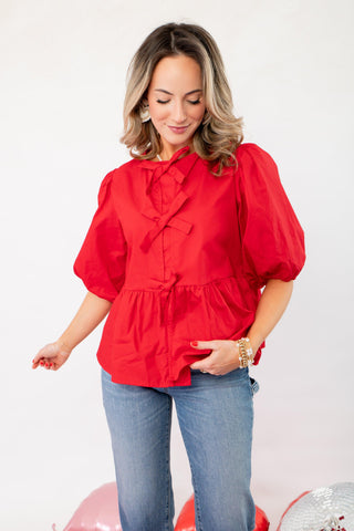 Better In Red Puff Sleeve Bow Front Blouse-Tops-ODDI-L. Mae Boutique & Wild Mabel Clothing