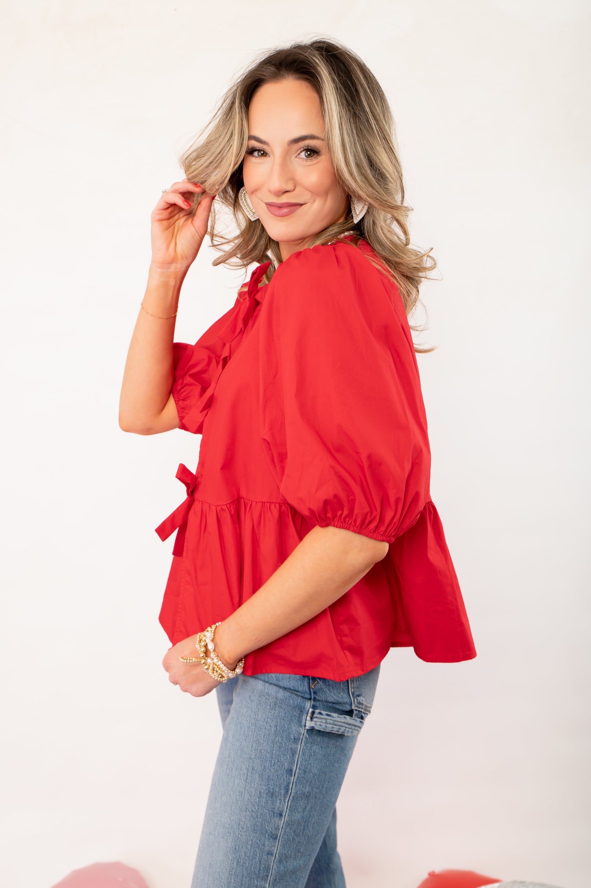 Better In Red Puff Sleeve Bow Front Blouse-Tops-ODDI-L. Mae Boutique &amp; Wild Mabel Clothing