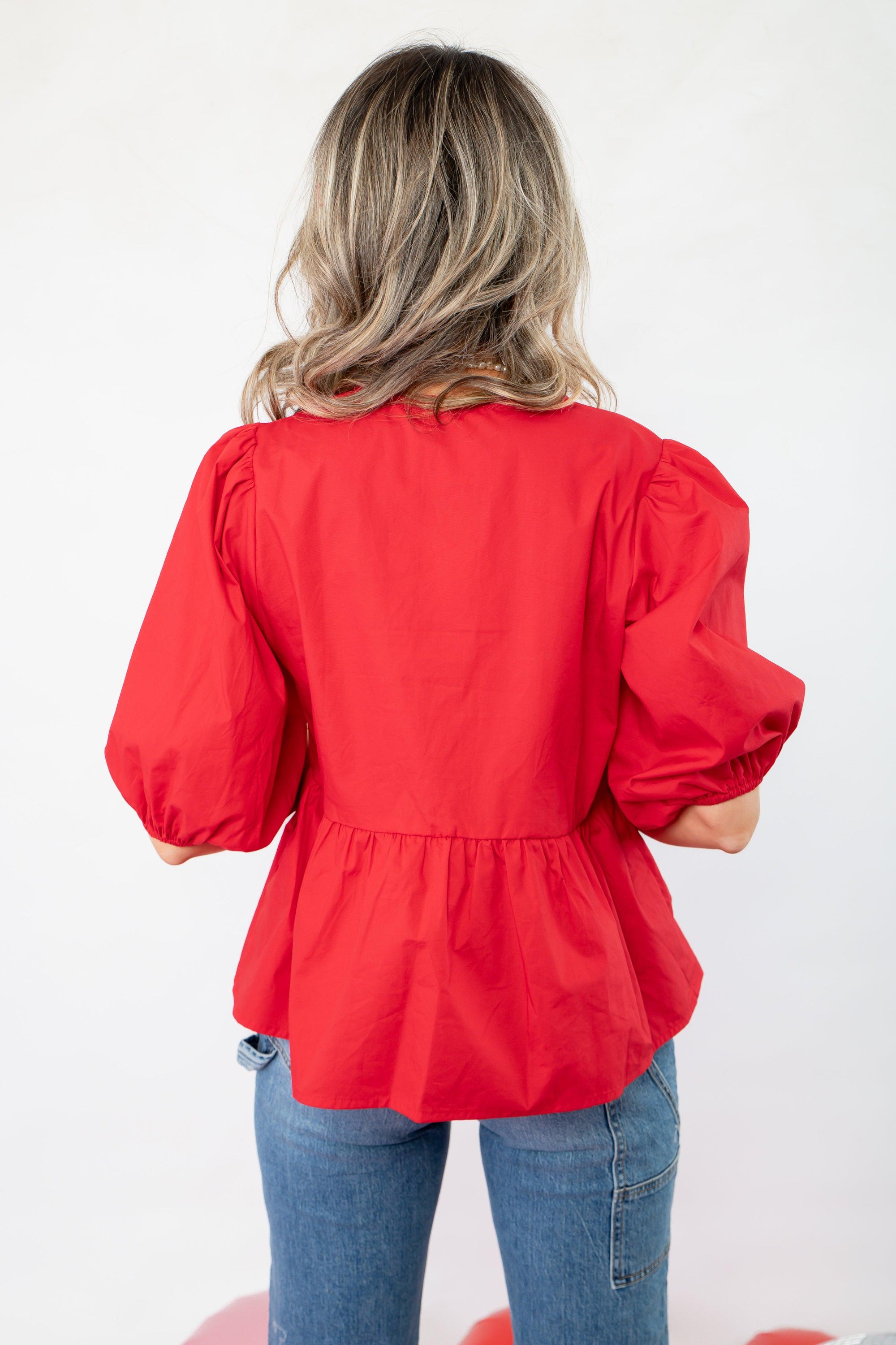 Better In Red Puff Sleeve Bow Front Blouse-Tops-ODDI-L. Mae Boutique &amp; Wild Mabel Clothing