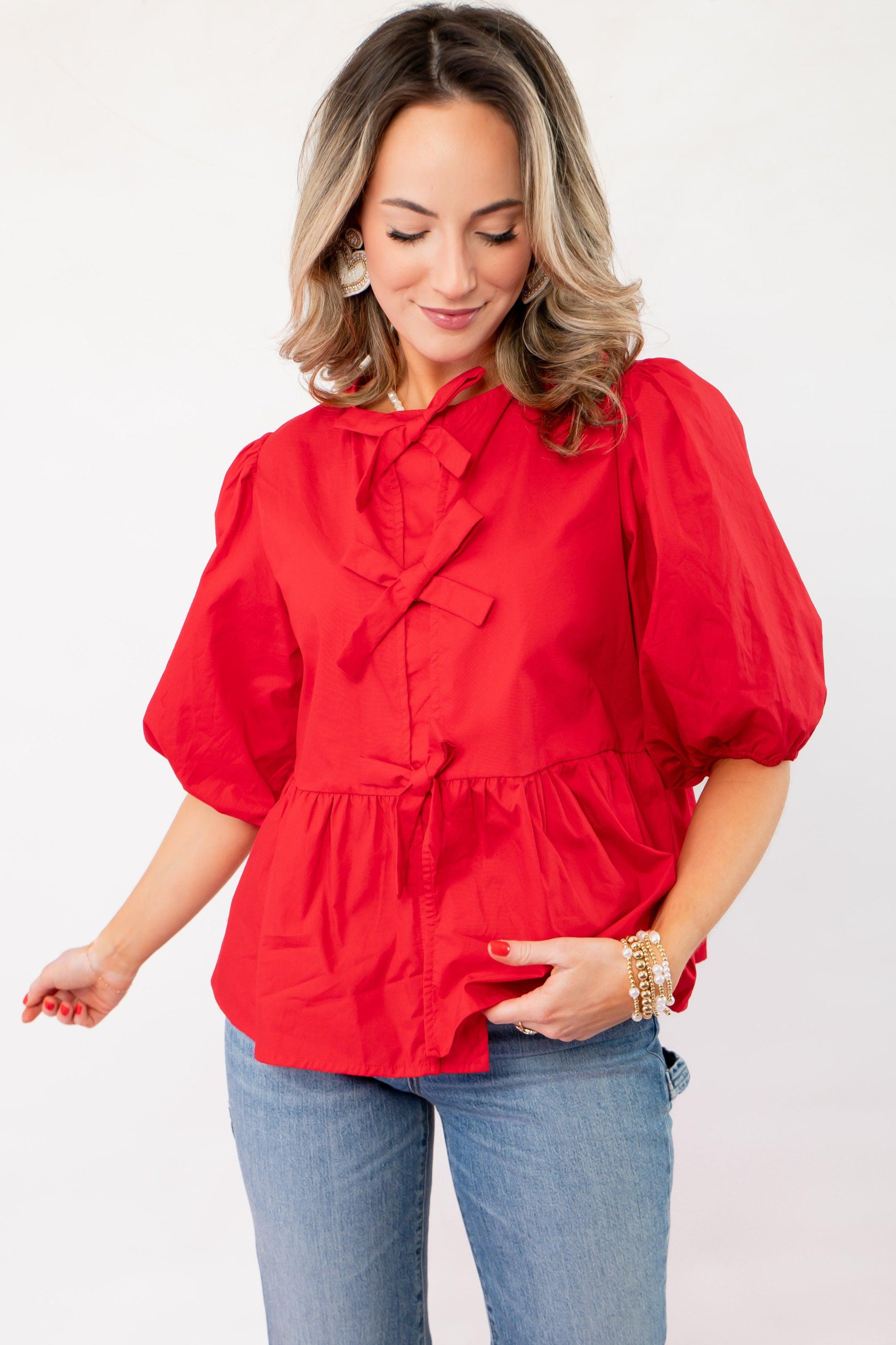 Better In Red Puff Sleeve Bow Front Blouse-Tops-ODDI-L. Mae Boutique & Wild Mabel Clothing