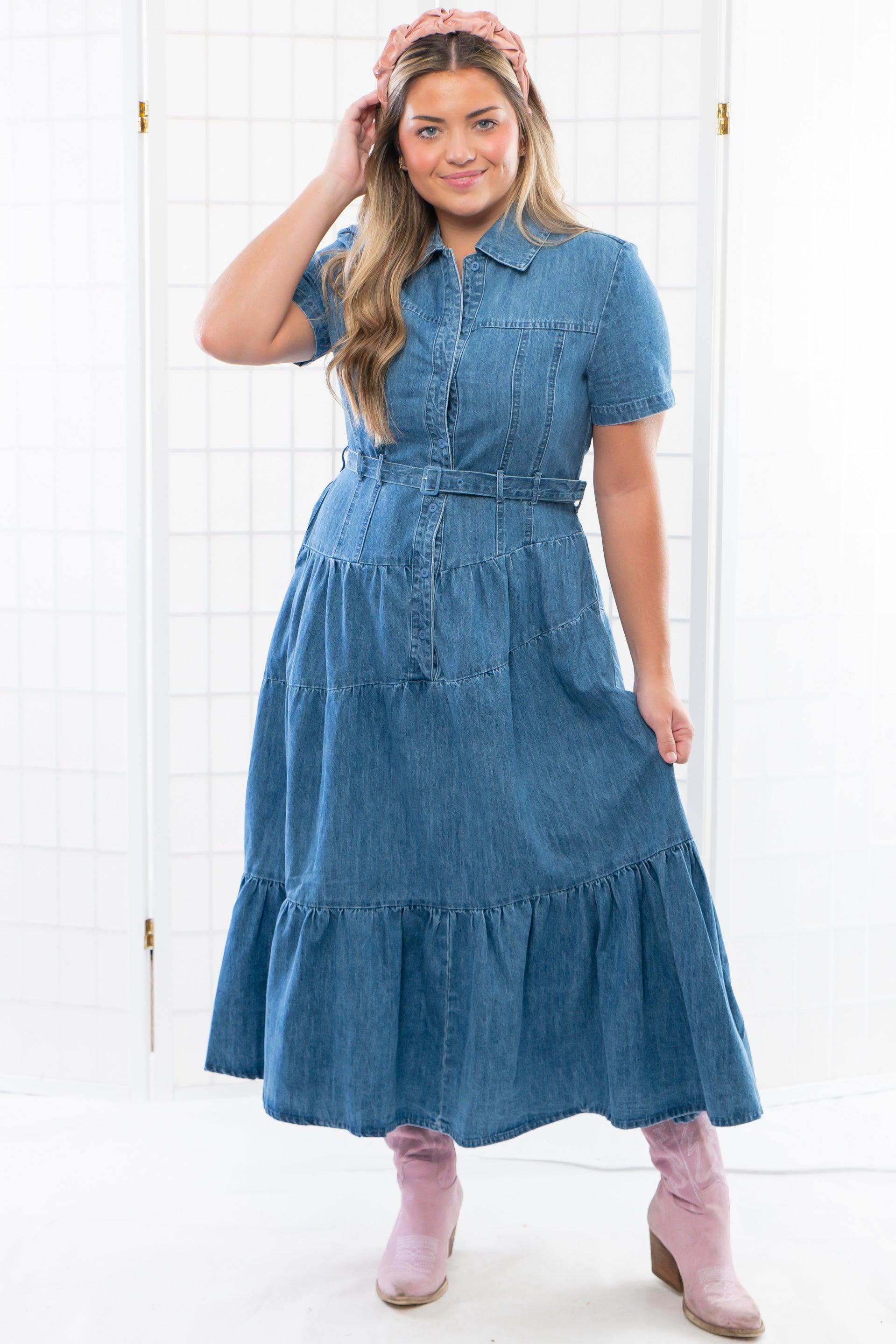 Bettie Tiered Button Down Denim Midi Dress-Dresses-Heyson-L. Mae Boutique & Wild Mabel Clothing