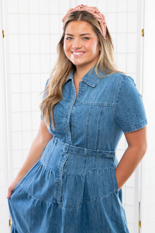 Bettie Tiered Button Down Denim Midi Dress-Dresses-Heyson-L. Mae Boutique & Wild Mabel Clothing