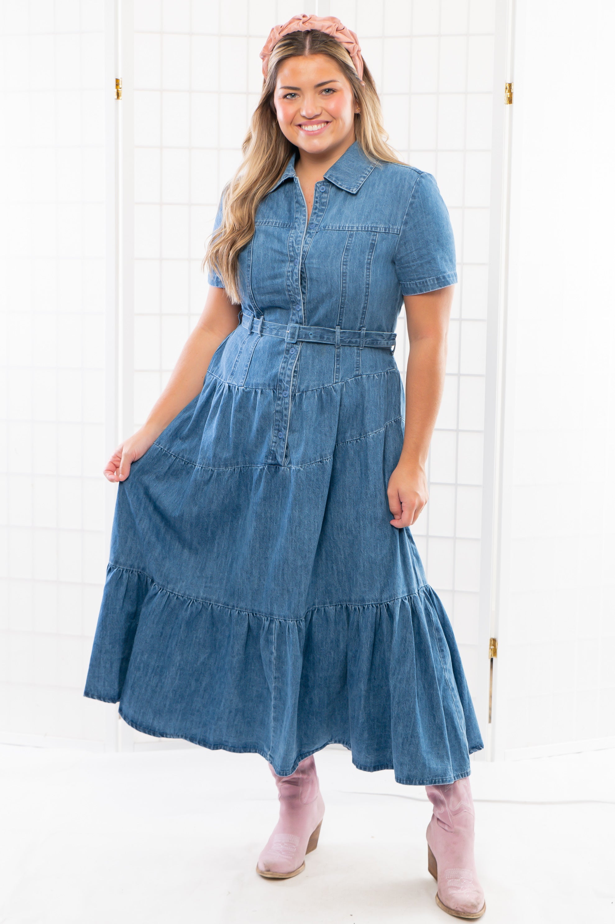 Bettie Tiered Button Down Denim Midi Dress-Dresses-Heyson-L. Mae Boutique &amp; Wild Mabel Clothing