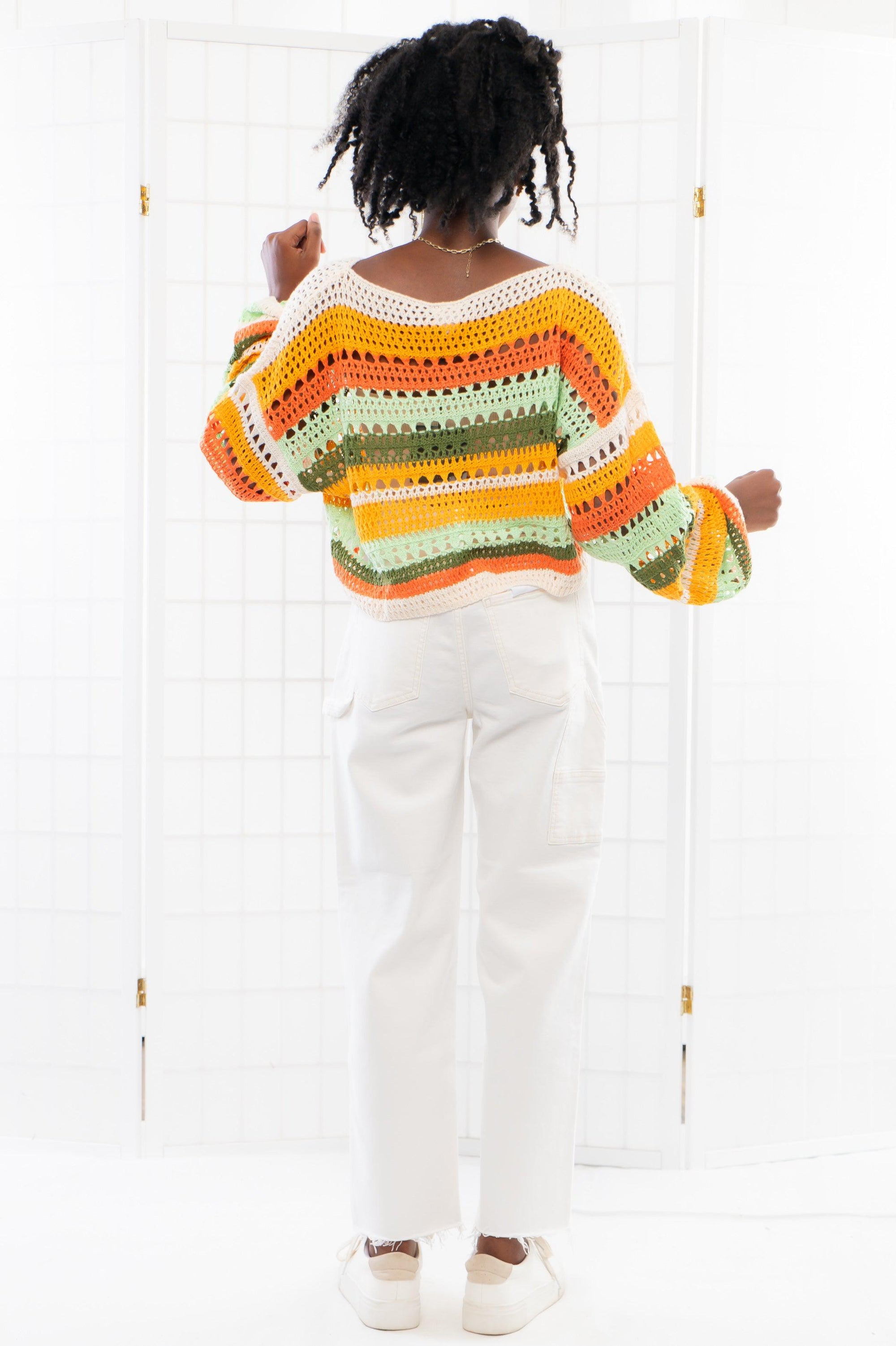 Between the Lines Orange Striped Crochet Sweater-Tops-Le Lis-L. Mae Boutique &amp; Wild Mabel Clothing