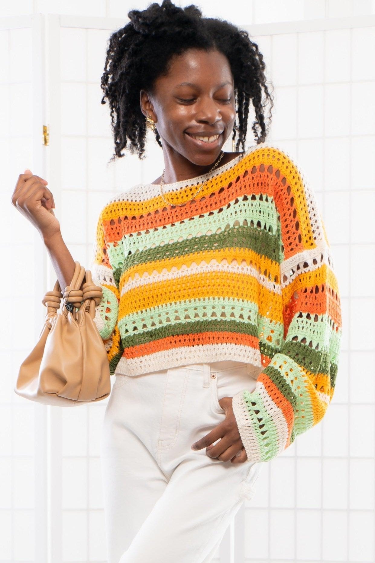 Between the Lines Orange Striped Crochet Sweater-Tops-Le Lis-L. Mae Boutique & Wild Mabel Clothing