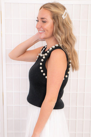 Bianca Black High Neck Pearl Detail Knit Tank Top-Tops-2.7 August Apparel-L. Mae Boutique & Wild Mabel Clothing