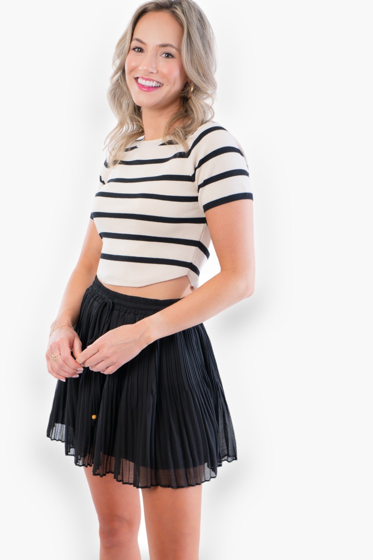 Black &amp; Cream Stripe Knit Crop Top-Tops-Le Lis-L. Mae Boutique &amp; Wild Mabel Clothing