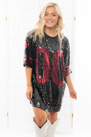 Black & Garnet Sequin Jersey Dress-Dresses-WHY Dress-L. Mae Boutique & Wild Mabel Clothing