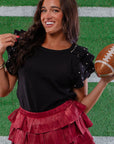 Black Rhinestone Ruffled Rib Knit Top-Tops-BiBi-L. Mae Boutique & Wild Mabel Clothing