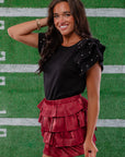 Black Rhinestone Ruffled Rib Knit Top-Tops-BiBi-L. Mae Boutique & Wild Mabel Clothing