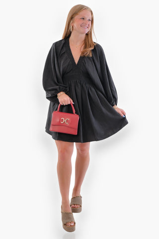 Black Smocked Detail Long Sleeve Dress-Entro-L. Mae Boutique