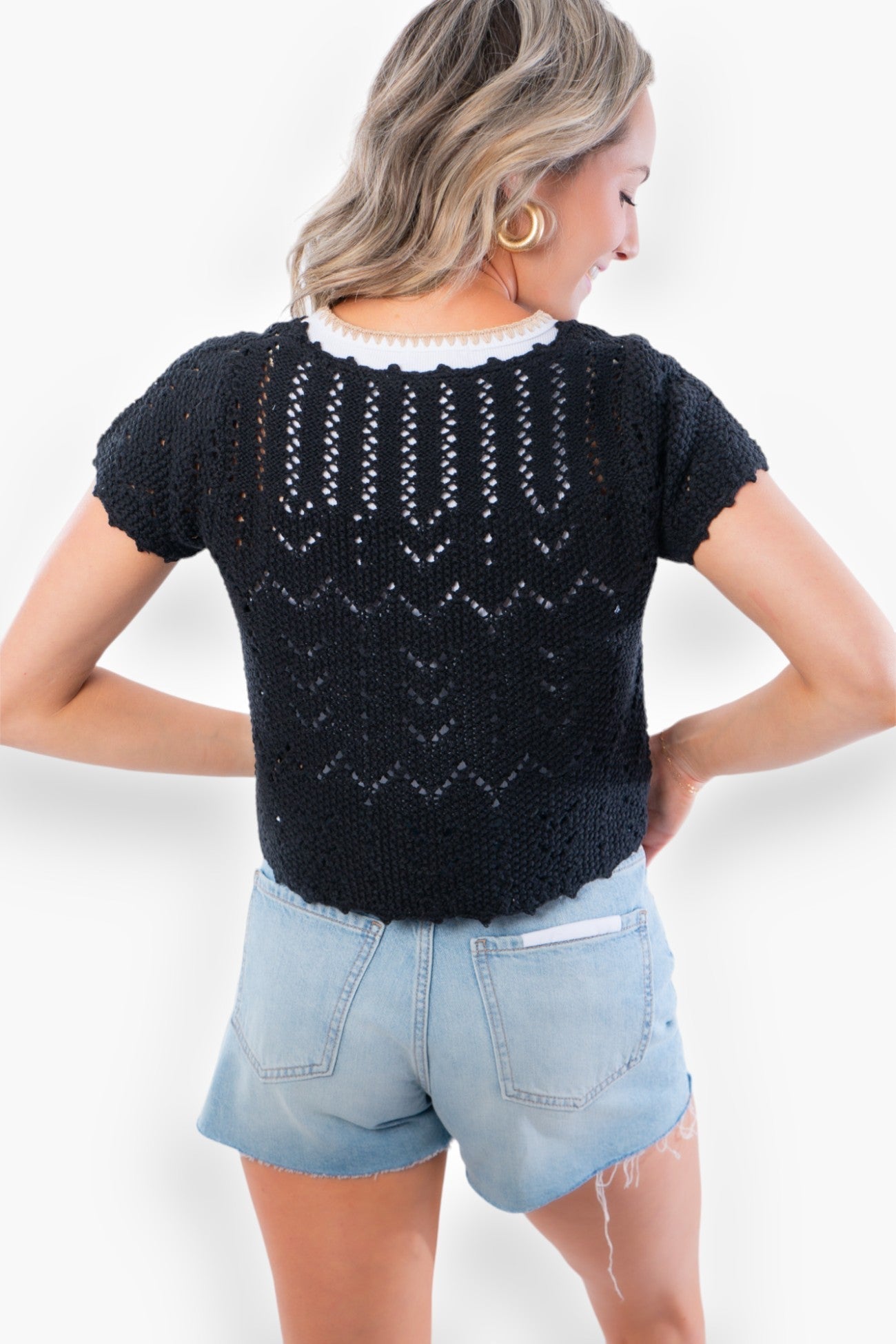 Black Tie Front Crochet Short Sleeved Cardigan Top-Tops-Hyfve-L. Mae Boutique &amp; Wild Mabel Clothing