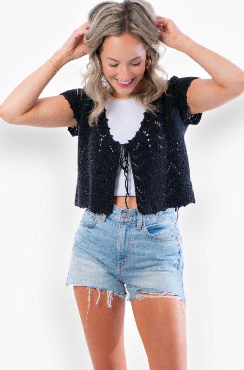 Black Tie Front Crochet Short Sleeved Cardigan Top-Tops-Hyfve-L. Mae Boutique & Wild Mabel Clothing