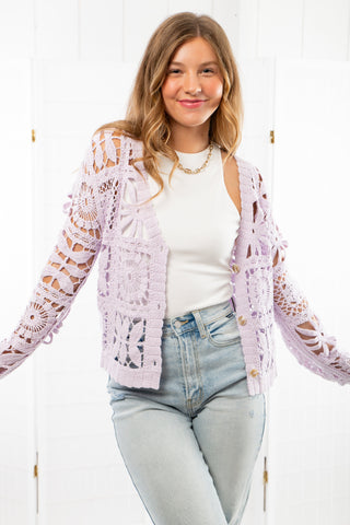 Blooming Lilacs Purple Crochet Button Up Cardigan-Tops-Mystree-L. Mae Boutique & Wild Mabel Clothing