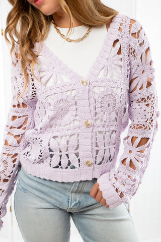 Blooming Lilacs Purple Crochet Button Up Cardigan-Tops-Mystree-L. Mae Boutique & Wild Mabel Clothing