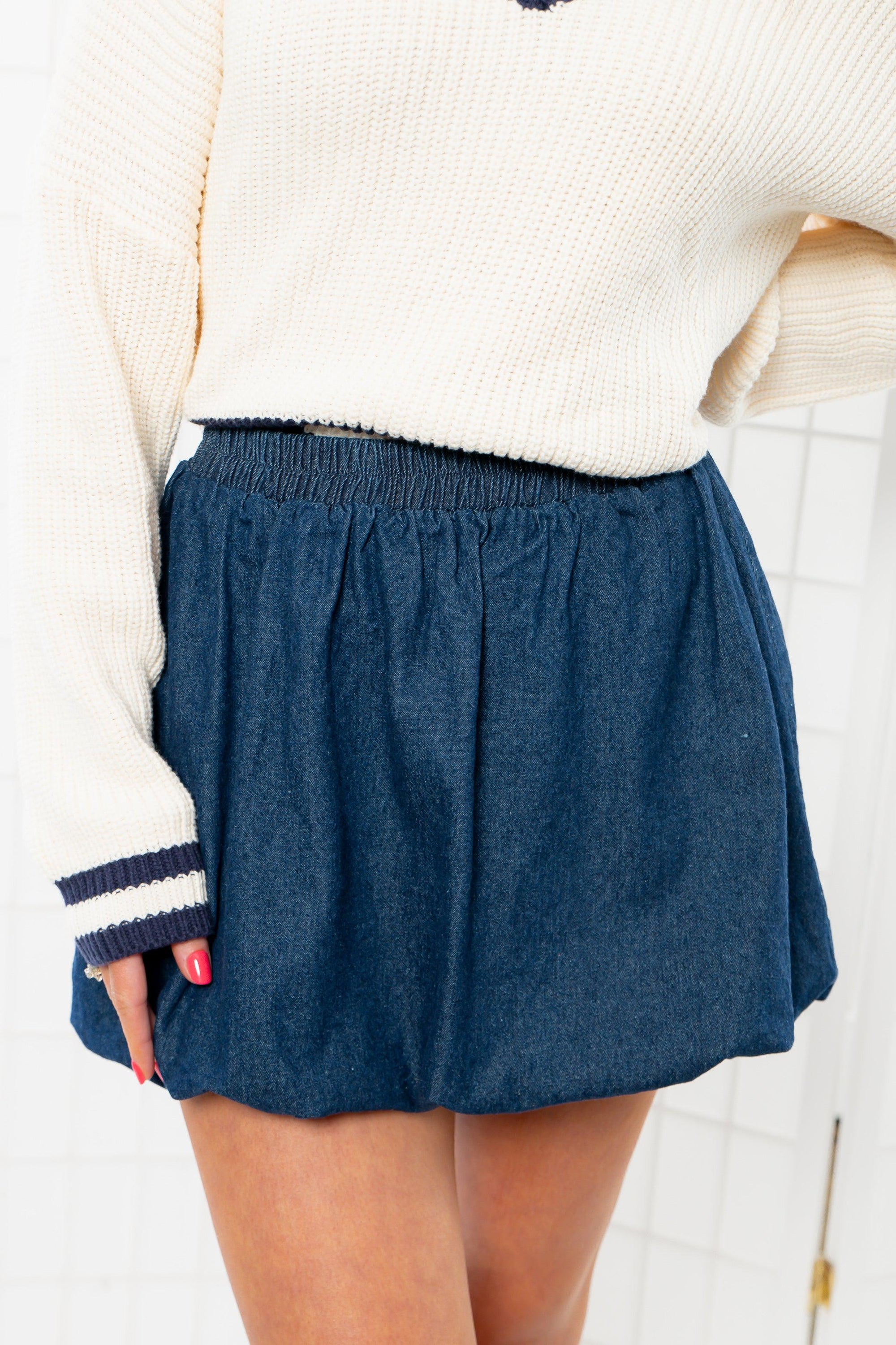 Blue Jean Baby Denim Bubble Hem Mini Skirt-Bottoms-Klesis-L. Mae Boutique & Wild Mabel Clothing