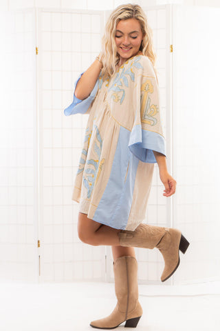 Boho Embroidered Blue Babydoll Dress-Dresses-BlueVelvet-L. Mae Boutique & Wild Mabel Clothing