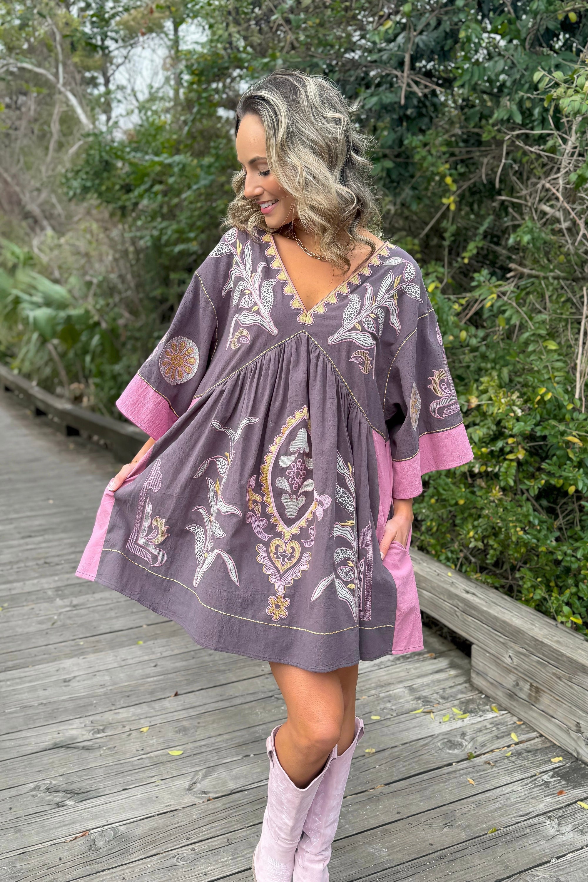 Boho Embroidered Charcoal Babydoll Dress-Dresses-BlueVelvet-L. Mae Boutique & Wild Mabel Clothing