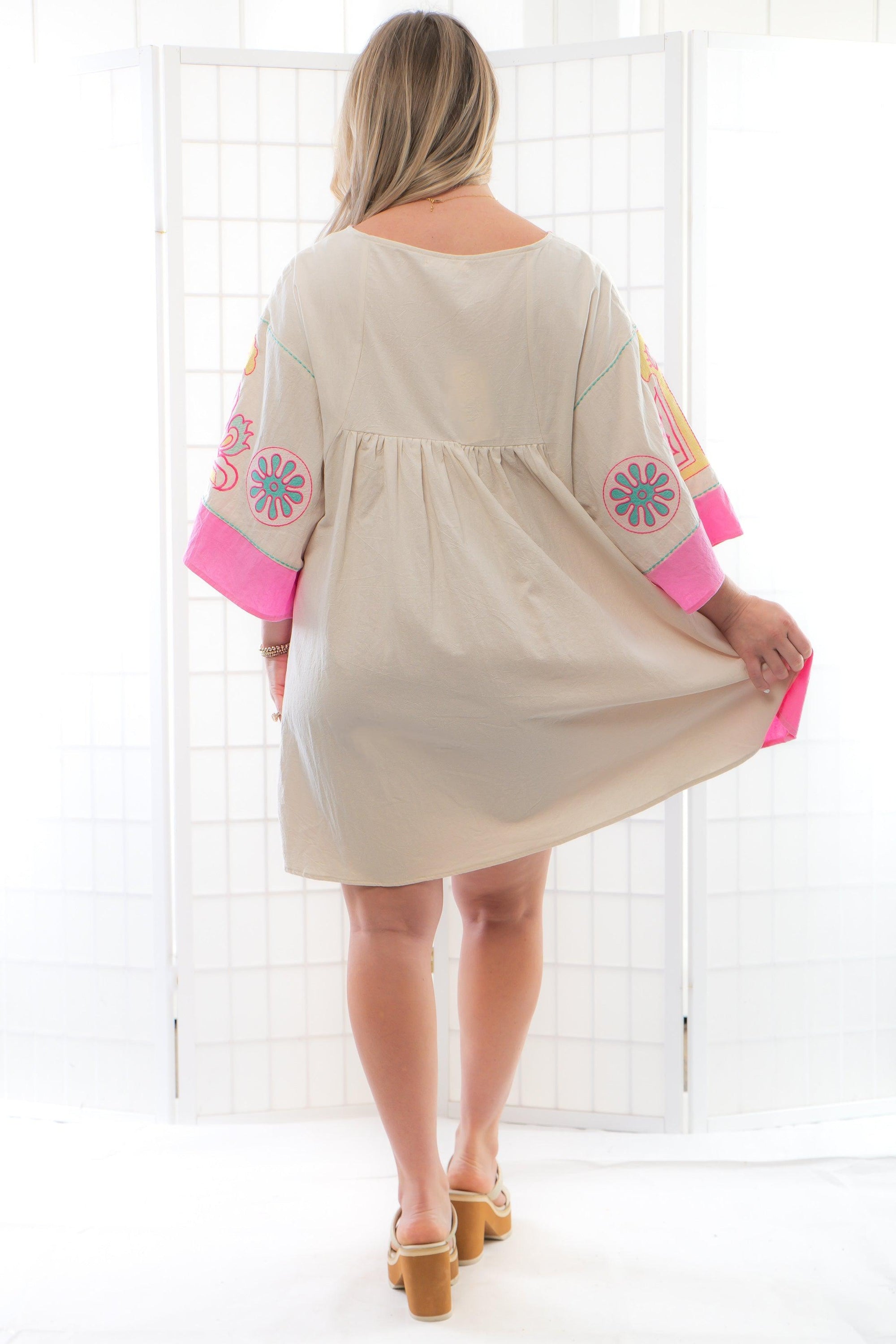 Boho Embroidered Pink Babydoll Dress-Dresses-BlueVelvet-L. Mae Boutique &amp; Wild Mabel Clothing